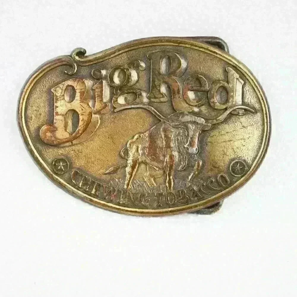 Vintage Belt Buckle Big Red Chewing Tobacco Bull Gold tone Metal 1970s